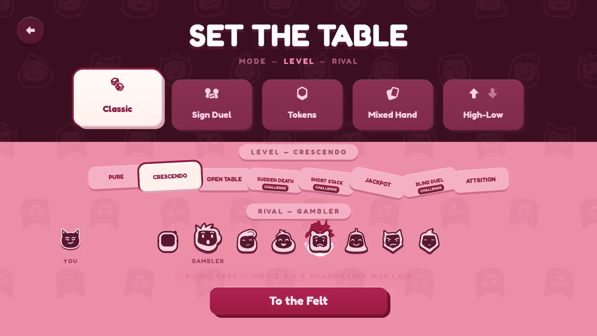 The Set the Table screen showing five modes, the fan of unlockable rules, and the rival picker
